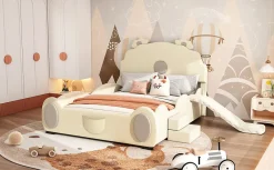 Lit Enfant 140x200cm, Lit Carton avec Toboggan, Beige><noscript><img width=