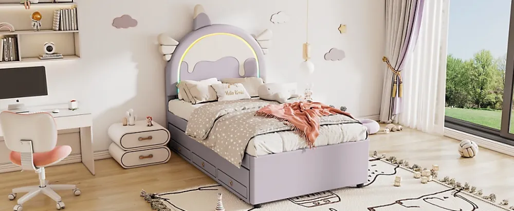 Fortuna lai Lit Enfant 90x200cm, Lit Licorne avec Lit Escamotable, Violette*Enfant Lit Enfant