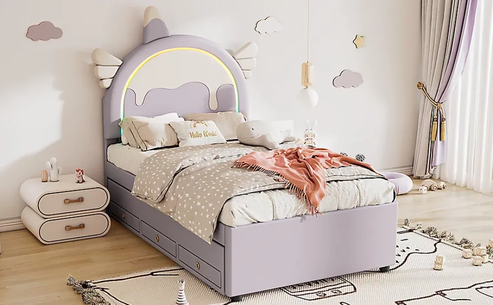 Fortuna lai Lit Enfant 90x200cm, Lit Licorne avec Lit Escamotable, Violette*Enfant Lit Enfant