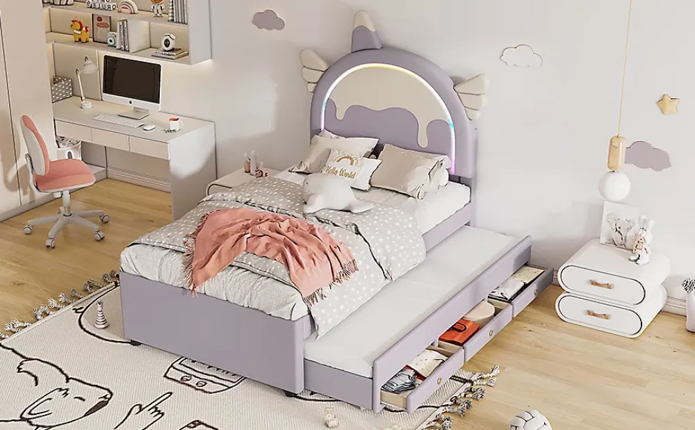 Fortuna lai Lit Enfant 90x200cm, Lit Licorne avec Lit Escamotable, Violette*Enfant Lit Enfant