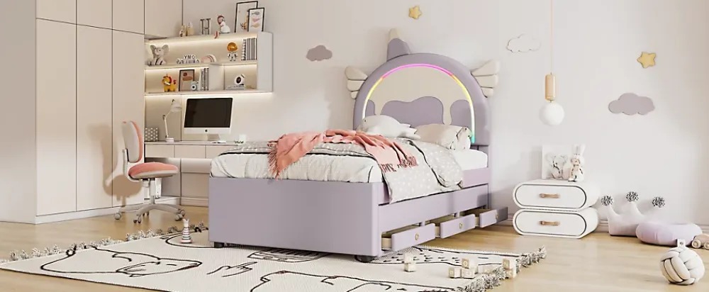 Fortuna lai Lit Enfant 90x200cm, Lit Licorne avec Lit Escamotable, Violette*Enfant Lit Enfant