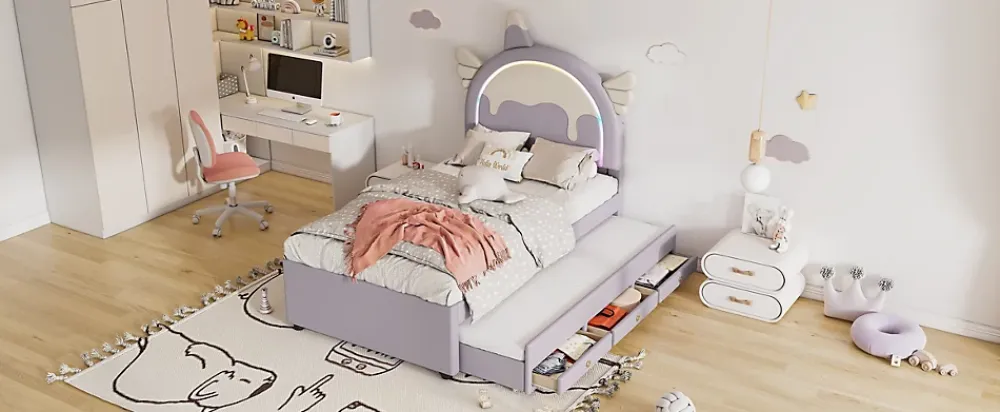 Fortuna lai Lit Enfant 90x200cm, Lit Licorne avec Lit Escamotable, Violette*Enfant Lit Enfant