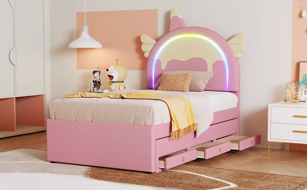 Fortuna lai Lit Enfant 90x200cm, Lit Licorne avec Lit Escamotable, Rose*Enfant Lit Enfant