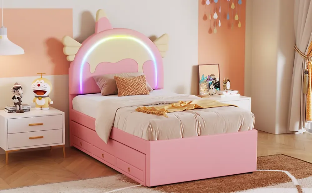 Fortuna lai Lit Enfant 90x200cm, Lit Licorne avec Lit Escamotable, Rose*Enfant Lit Enfant