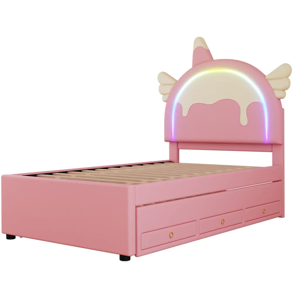 Fortuna lai Lit Enfant 90x200cm, Lit Licorne avec Lit Escamotable, Rose*Enfant Lit Enfant