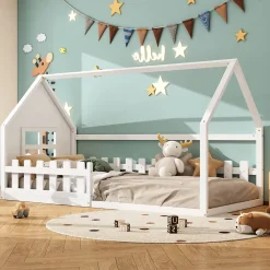 Fortuna lai Lit Enfant 90x200cm, Maison avec Rampe, Blanc*Enfant Lit Enfant