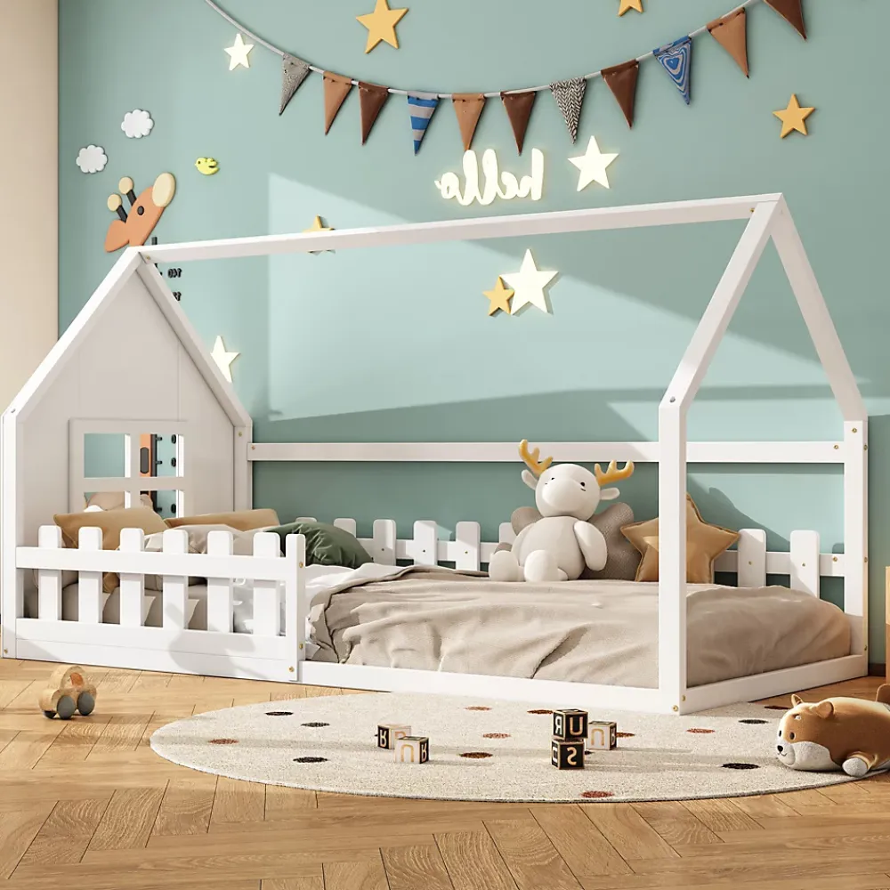 Fortuna lai Lit Enfant 90x200cm, Maison avec Rampe, Blanc*Enfant Lit Enfant