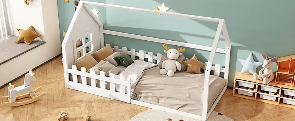 Fortuna lai Lit Enfant 90x200cm, Maison avec Rampe, Blanc*Enfant Lit Enfant