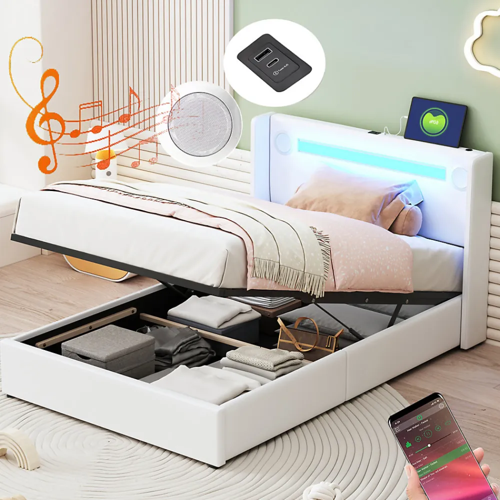 Lit enfant, 90x200cm, PU, LED, USB, Bluetooth, coffre, sommier, beige>Generique Sale