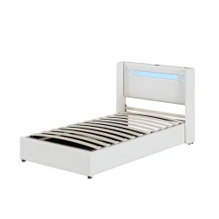 Lit enfant, 90x200cm, PU, LED, USB, Bluetooth, coffre, sommier, beige>Generique Sale