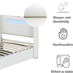 Lit enfant, 90x200cm, PU, LED, USB, Bluetooth, coffre, sommier, beige><noscript><img width=