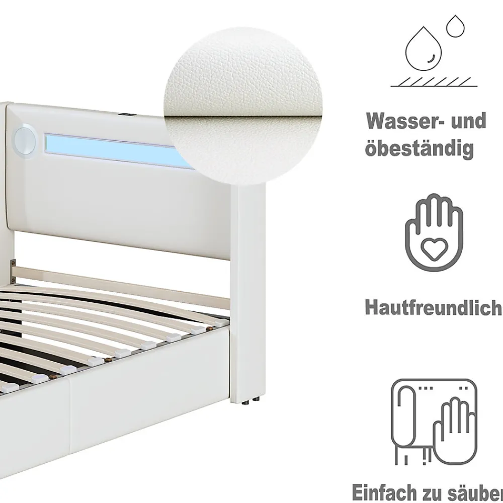 Lit enfant, 90x200cm, PU, LED, USB, Bluetooth, coffre, sommier, beige>Generique Sale