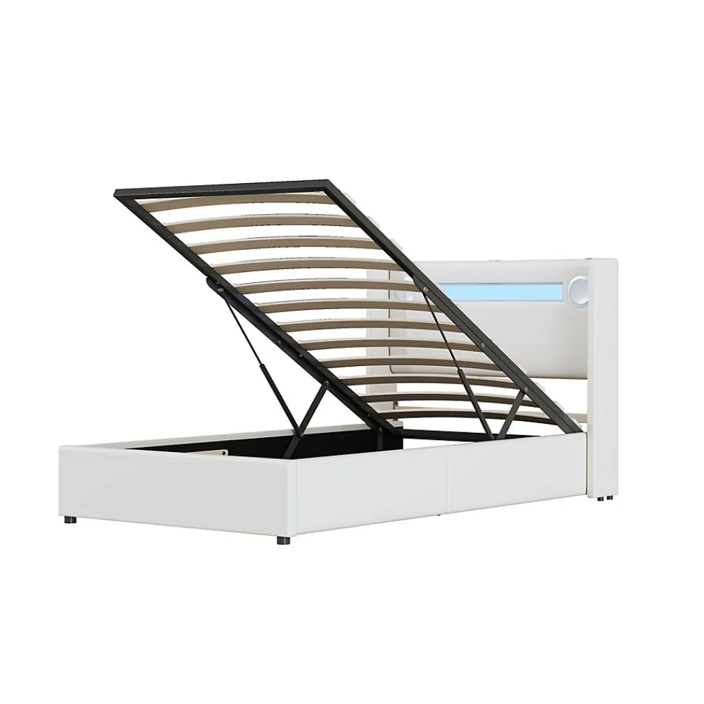 Lit enfant, 90x200cm, PU, LED, USB, Bluetooth, coffre, sommier, beige>Generique Sale