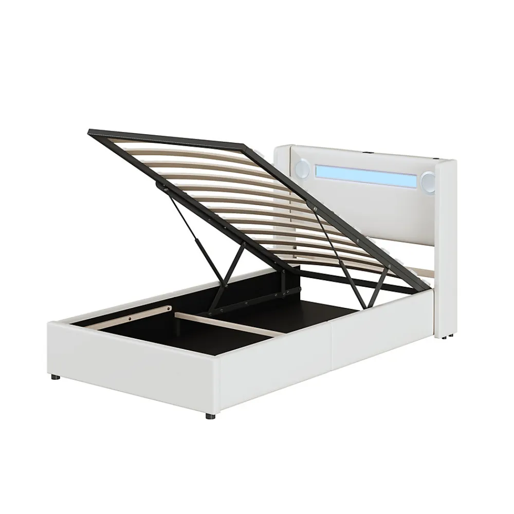 Lit enfant, 90x200cm, PU, LED, USB, Bluetooth, coffre, sommier, beige>Generique Sale