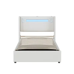 Lit enfant, 90x200cm, PU, LED, USB, Bluetooth, coffre, sommier, beige><noscript><img width=