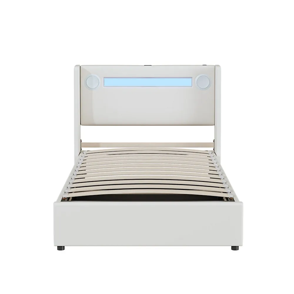 Lit enfant, 90x200cm, PU, LED, USB, Bluetooth, coffre, sommier, beige>Generique Sale