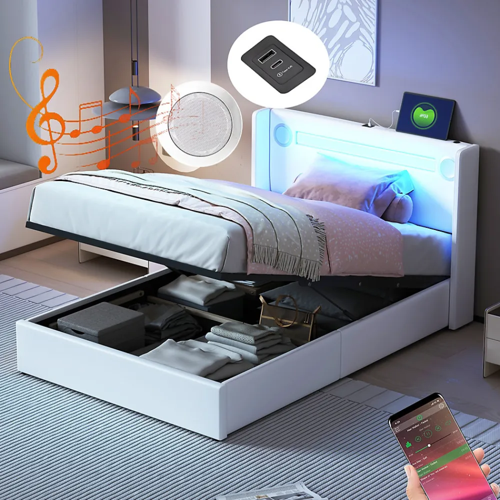 Lit enfant, 90x200cm, PU, LED, USB, Bluetooth, coffre, sommier, beige>Generique Sale