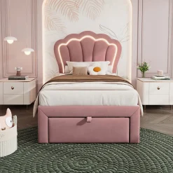 Blackcolors Lit Enfant 90x190cm Tiroirs APP-Control LED Velours Rose* Lit Coffre