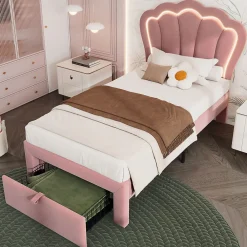 Blackcolors Lit Enfant 90x190cm Tiroirs APP-Control LED Velours Rose* Lit Coffre