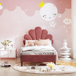 Lit Enfant 90x200cm Tête Fleurs Velours Rouge Haricot><noscript><img width=