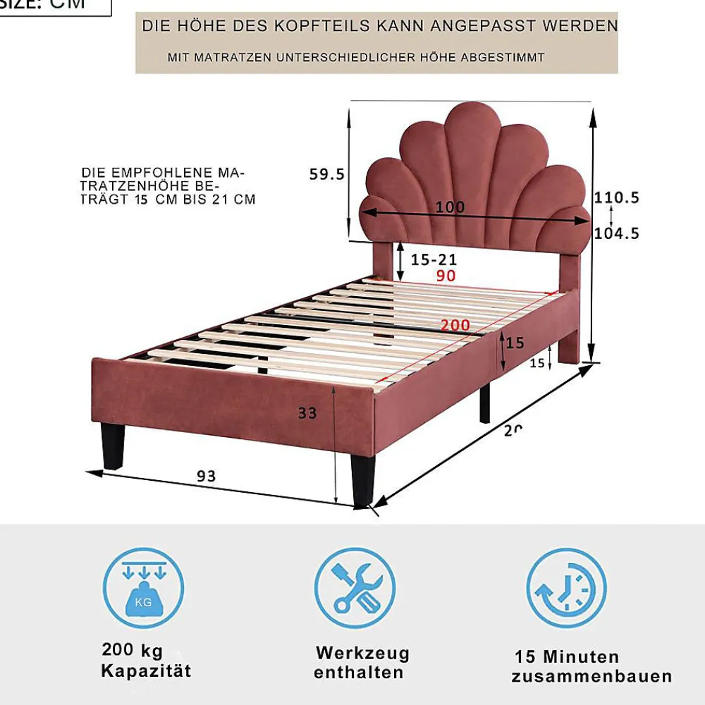 Lit Enfant 90x200cm Tête Fleurs Velours Rouge Haricot>Blackcolors Outlet