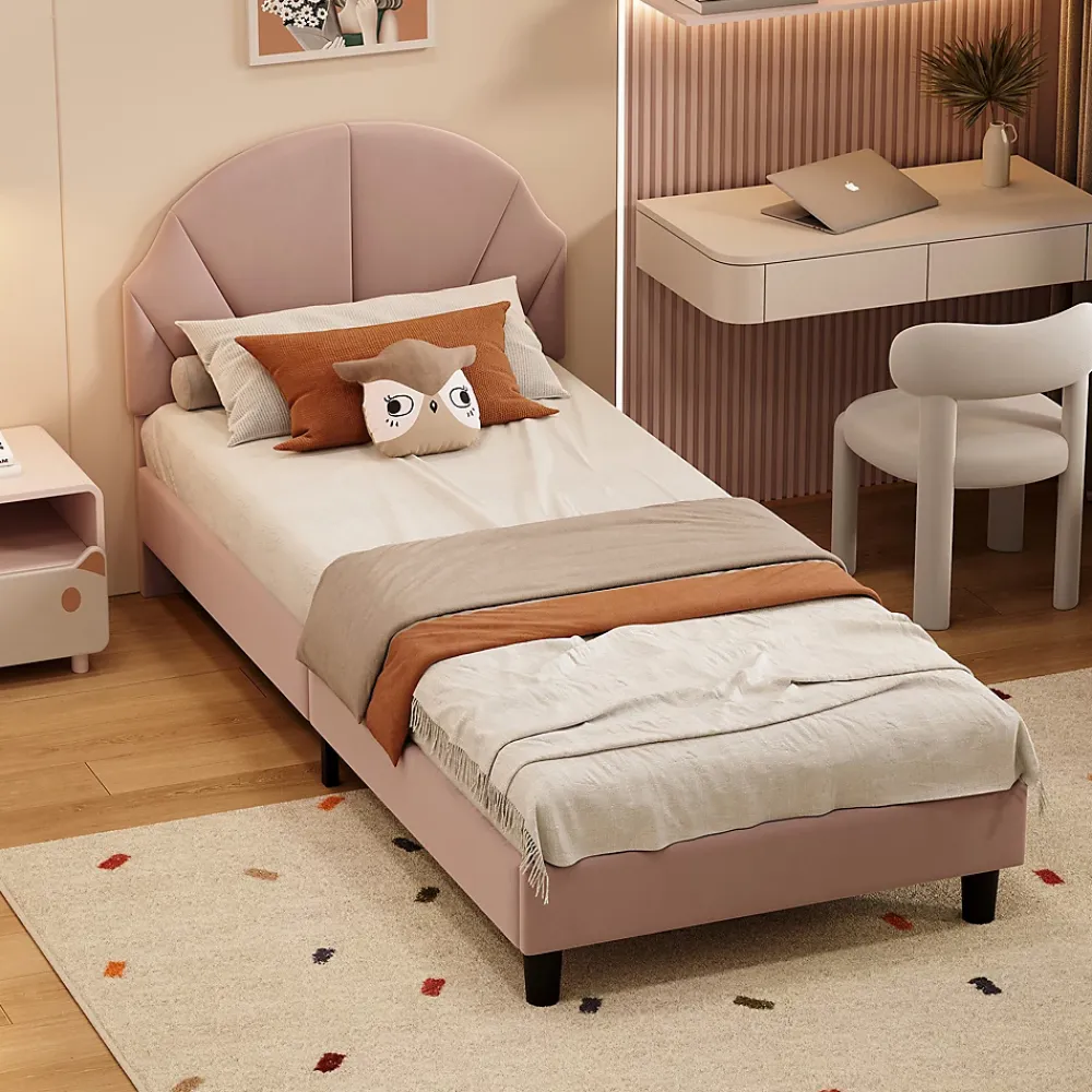 ProximaX Lit enfant/Lit capitonné 90 x 190 cm avec sommier à lattes, tête de lit et dossier réglables, velours, sans matelas, Rose*Enfant Lit Enfant