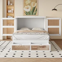 Okwish Lit Escamotable 140x200 cm - Lit Mural Vertical avec 2 Tiroirs de Rangement, Structure Bois de Pin et MDF, Sans Matelas, Blanc* Lit Double