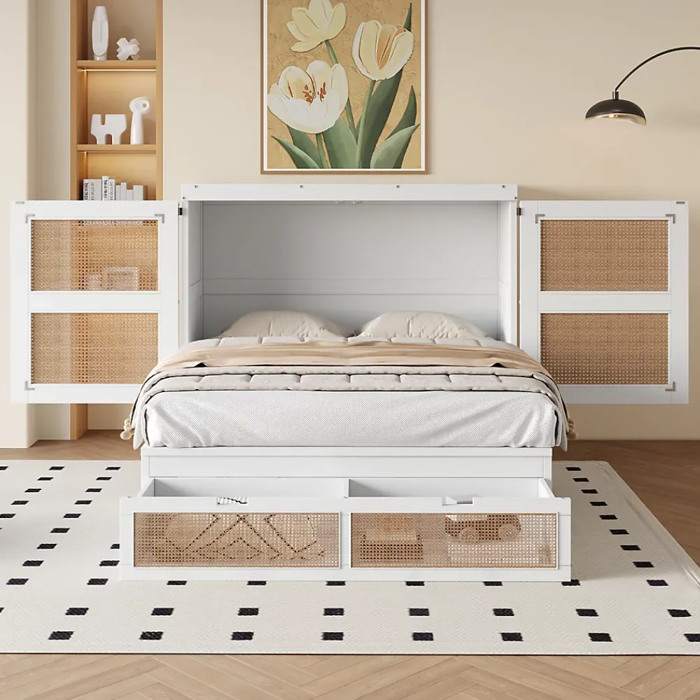 Okwish Lit Escamotable 140x200 cm - Lit Mural Vertical avec 2 Tiroirs de Rangement, Structure Bois de Pin et MDF, Sans Matelas, Blanc* Lit Double
