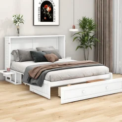 Lit Escamotable 140x200cm, Avec Tiroirs, Petit Étagère, Transformable, Blanc>Fortuna lai Clearance