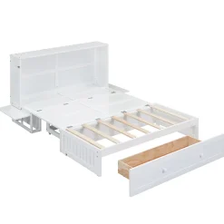 Lit Escamotable 140x200cm, Avec Tiroirs, Petit Étagère, Transformable, Blanc><noscript><img width=