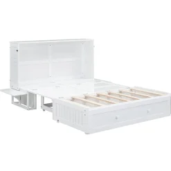 Lit Escamotable 140x200cm, Avec Tiroirs, Petit Étagère, Transformable, Blanc><noscript><img width=