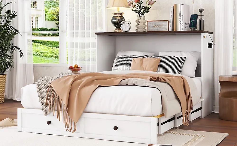 Fortuna lai Lit Escamotable 140x200cm, Tiroirs, USB, Plateforme, Sans Matelas, Blanc*Enfant Lit Enfant