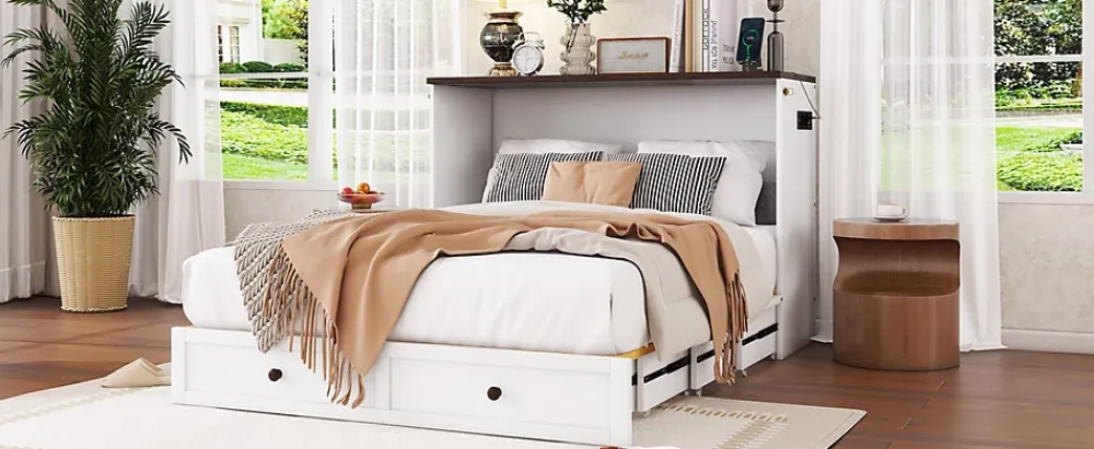 Fortuna lai Lit Escamotable 140x200cm, Tiroirs, USB, Plateforme, Sans Matelas, Blanc*Enfant Lit Enfant