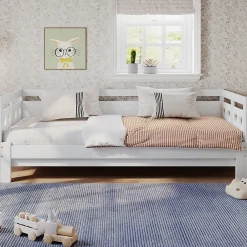 Lit extensible 90x190cm, lit de jour avec 2 places de couchage et cadre roulant, lit en forme de coeur, pin massif, blanc><noscript><img width=