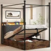 Lit fer forgé 90x190 cm, rangement hydraulique, baldaquin, LED/USB - noir>Blackcolors New
