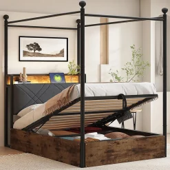 Lit fer forgé 90x190 cm, rangement hydraulique, baldaquin, LED/USB - noir>Blackcolors New