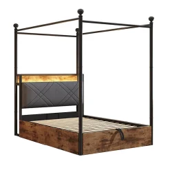 Lit fer forgé 90x190 cm, rangement hydraulique, baldaquin, LED/USB - noir><noscript><img width=