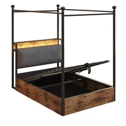 Lit fer forgé 90x190 cm, rangement hydraulique, baldaquin, LED/USB - noir><noscript><img width=