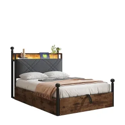 Lit fer forgé 90x190 cm, rangement hydraulique, baldaquin, LED/USB - noir><noscript><img width=