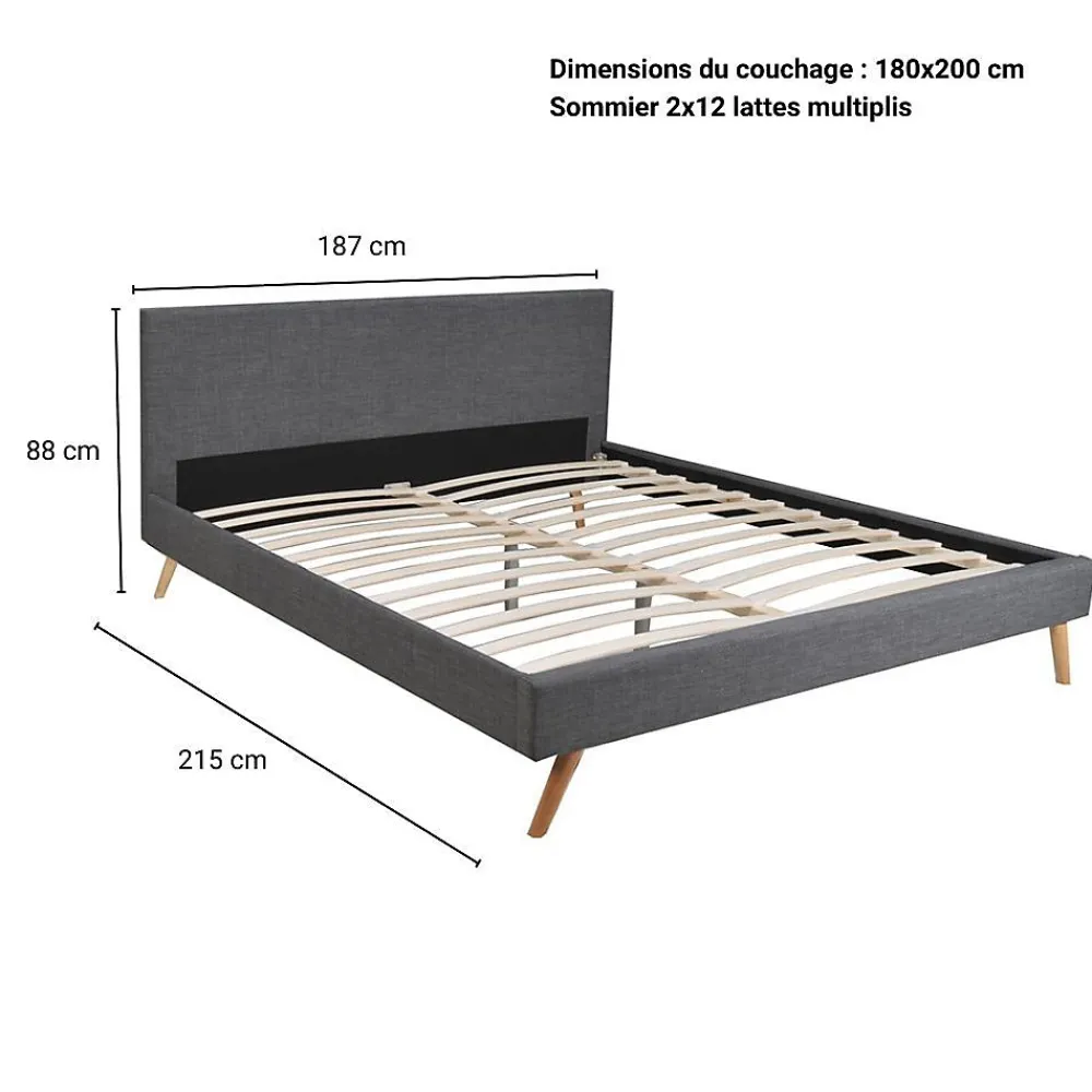 Weber Industries Lit FJORD 180x200 + 1 sommier / tissu Gris Foncé* Lit Double