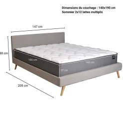 Lit FJORD 140x190 tissu + 1 sommier + 1 matelas CARLTON / Gris Clair><noscript><img width=