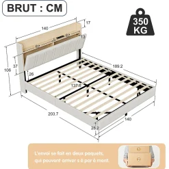 Lit Flottant 140x190 Cm Avec Éclairage LED Et Chargement USB, Rangement Caché, Blanc><noscript><img width=