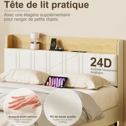 Lit Flottant 140x190 Cm Avec Éclairage LED Et Chargement USB, Rangement Caché, Blanc><noscript><img width=