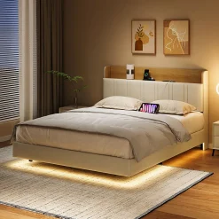 Lit Flottant 140x190 Cm Avec Éclairage LED Et Chargement USB, Rangement Caché, Blanc><noscript><img width=