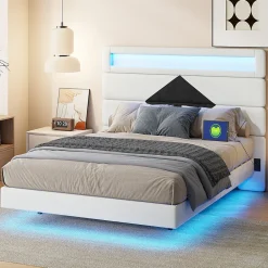 ProximaX Lit flottant 140x190 cm avec LED, 2 ports USB, cadre avec sommier à lattes, tête de lit, pour 2 personnes, blanc et noir* Lit Coffre