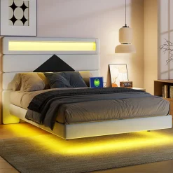 ProximaX Lit flottant 140x190 cm avec LED, 2 ports USB, cadre avec sommier à lattes, tête de lit, pour 2 personnes, blanc et noir* Lit Coffre