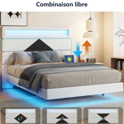 ProximaX Lit flottant 140x190 cm avec LED, 2 ports USB, cadre avec sommier à lattes, tête de lit, pour 2 personnes, blanc et noir* Lit Coffre
