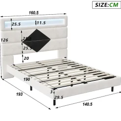 ProximaX Lit flottant 140x190 cm avec LED, 2 ports USB, cadre avec sommier à lattes, tête de lit, pour 2 personnes, blanc et noir* Lit Coffre