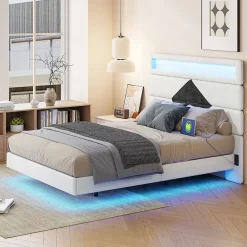 ProximaX Lit flottant 140x190 cm avec LED, 2 ports USB, cadre avec sommier à lattes, tête de lit, pour 2 personnes, blanc et noir* Lit Coffre