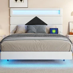 ProximaX Lit flottant 140x190 cm avec LED, 2 ports USB, cadre avec sommier à lattes, tête de lit, pour 2 personnes, blanc et noir* Lit Coffre